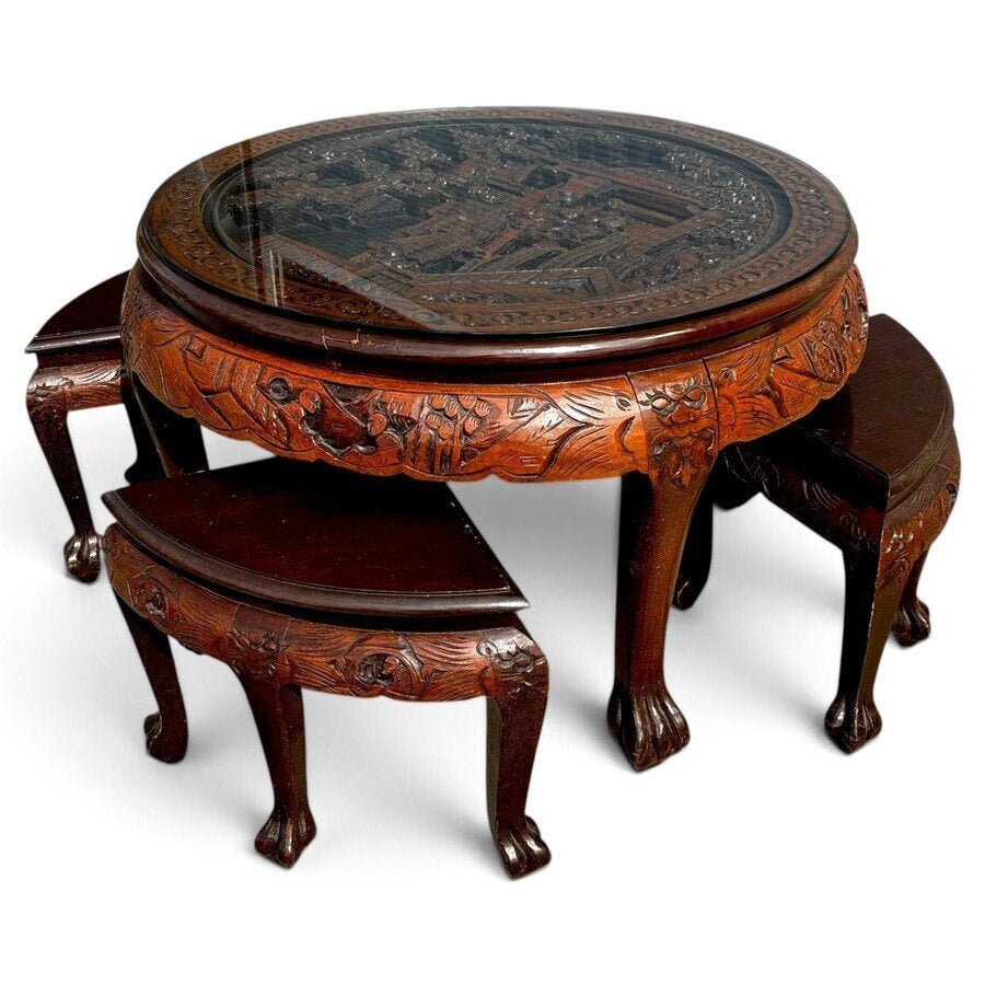 Chinees hardhouten salontafel met glasplaat vier taboeretten, Ophalen of Verzenden
