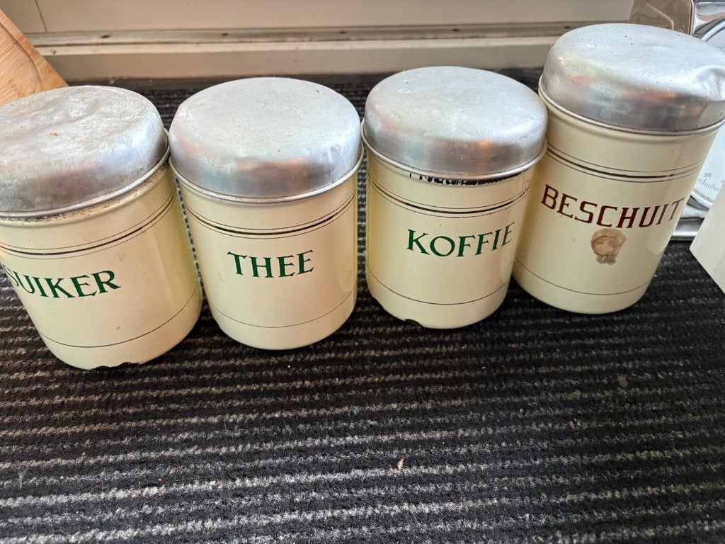 4 Vintage email voorraadblikken Koffie Thee Suiker Beschuit, Gebruikt, Geel, Ophalen of Verzenden, Voorraadpot