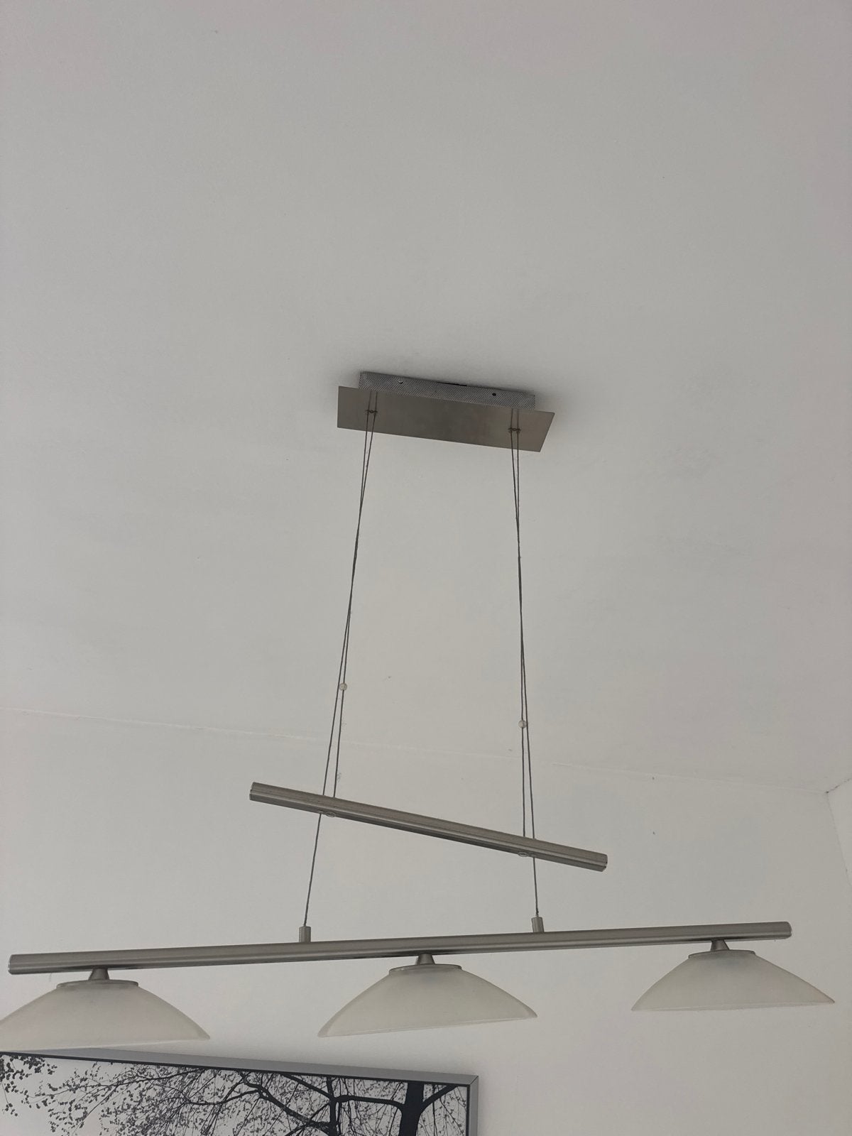 Moderne eettafel lamp met 3 glazen kappen, Ophalen, Gebruikt, Glas, 75 cm of meer