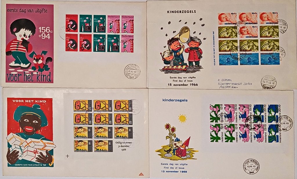 Kinderpostzegel blokken 1965. '66, '67 en '68 FDC, Verzenden, Na 1940, Gestempeld