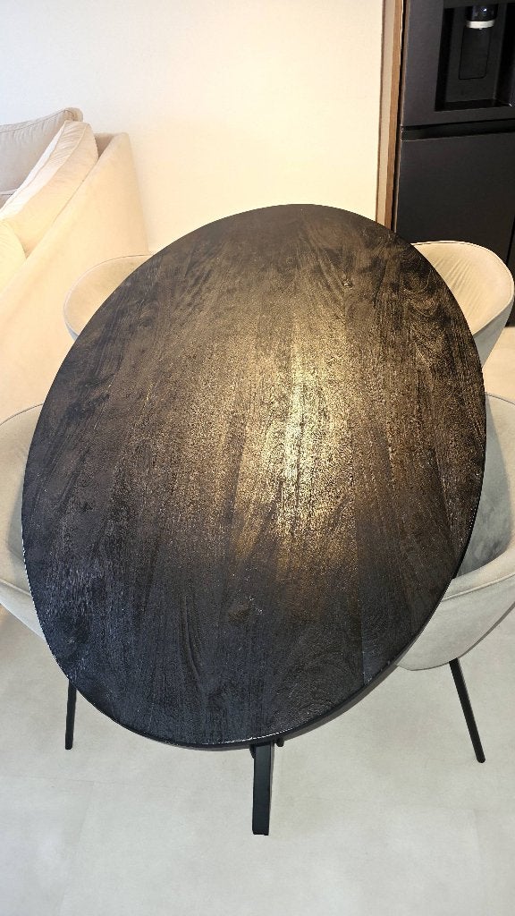 Ovale eettafel zwart mangohout 180 cm Beschrijving., Huis en Inrichting, Ophalen, Gebruikt, 150 tot 200 cm, Vijf personen of meer