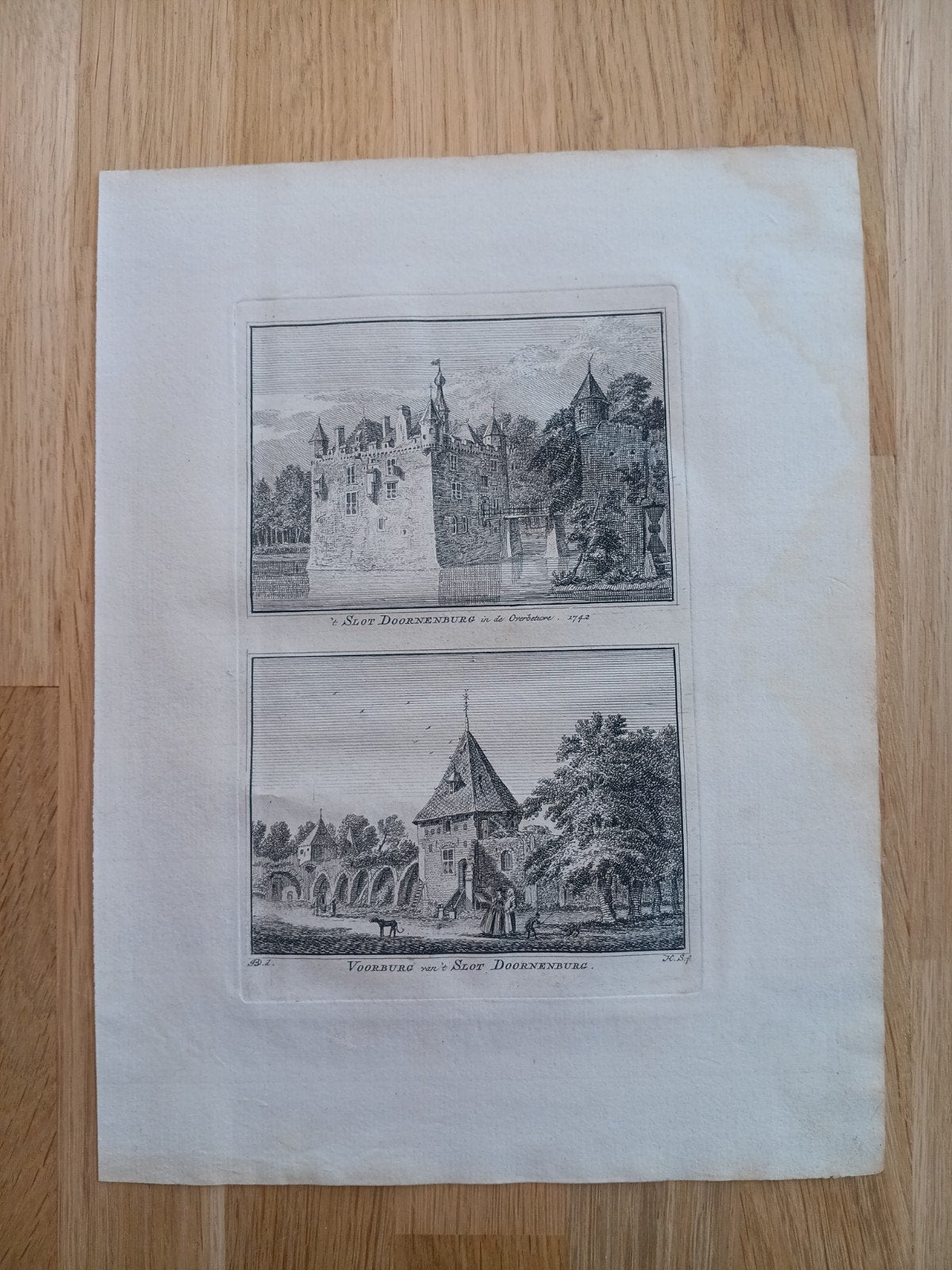 Antieke kopergravure Slot Doornenburg en voorburcht 1750, Met tekst, Architectuur, Ophalen of Verzenden, Gravure