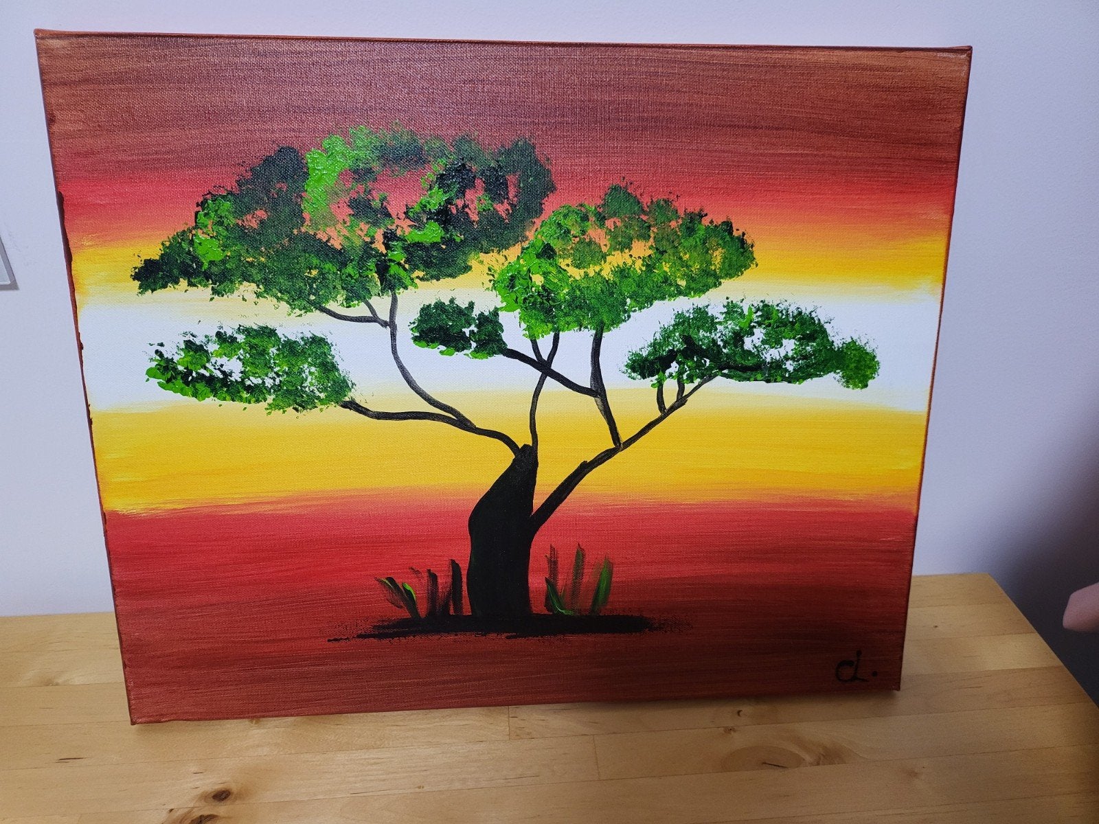Schilderij Africa by night Handgeschilderd nieuw CM Leushuis, Antiek en Kunst, Acrylverf, Textiel, Gesigneerd, Landschap