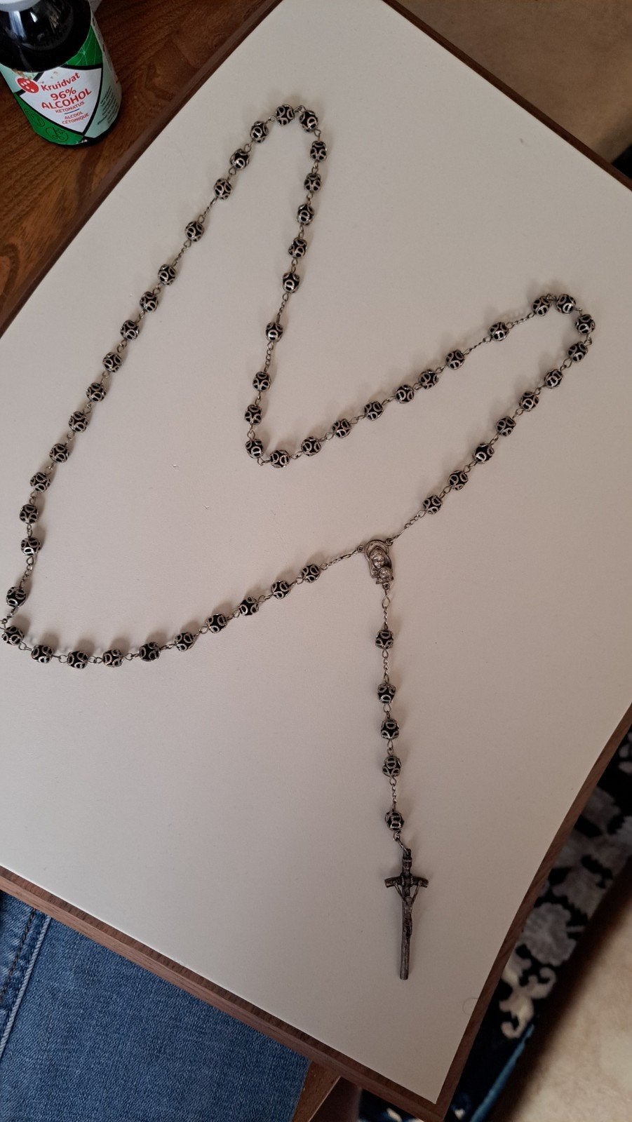 Vintage Rozenkrans Ketting Zilverkleurige Kralen en Kruis, Ophalen of Verzenden