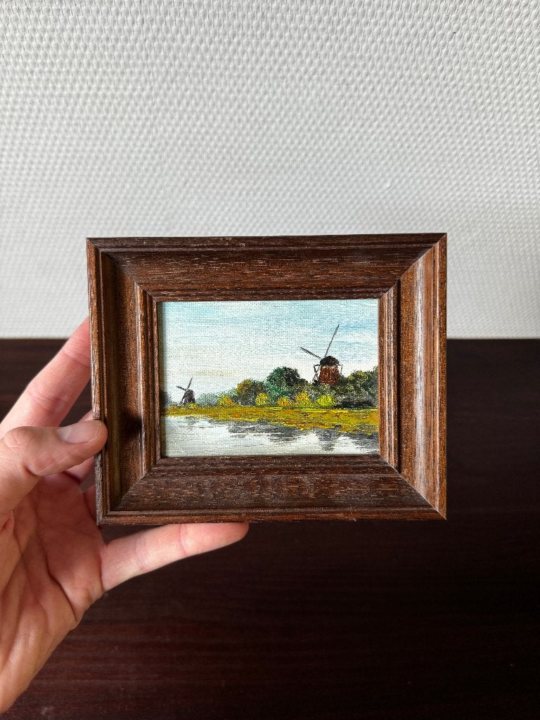 Miniatuur Paneel Schilderij Rivier met Molens, Eiken Lijst, Ophalen of Verzenden, Olieverf, Landschap, Paneel