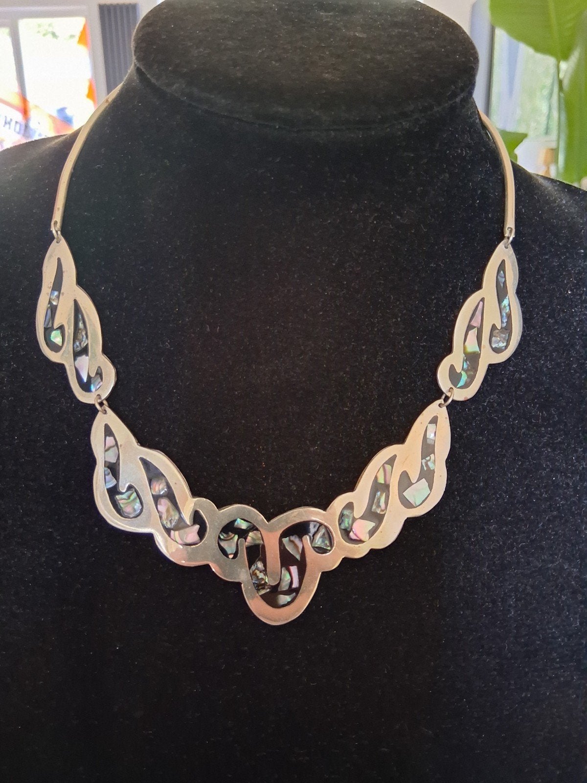 Vintage Alpaca Mexico ketting ingelegd met parelmoer, Ophalen of Verzenden, Gebruikt, Zilver, Overige materialen