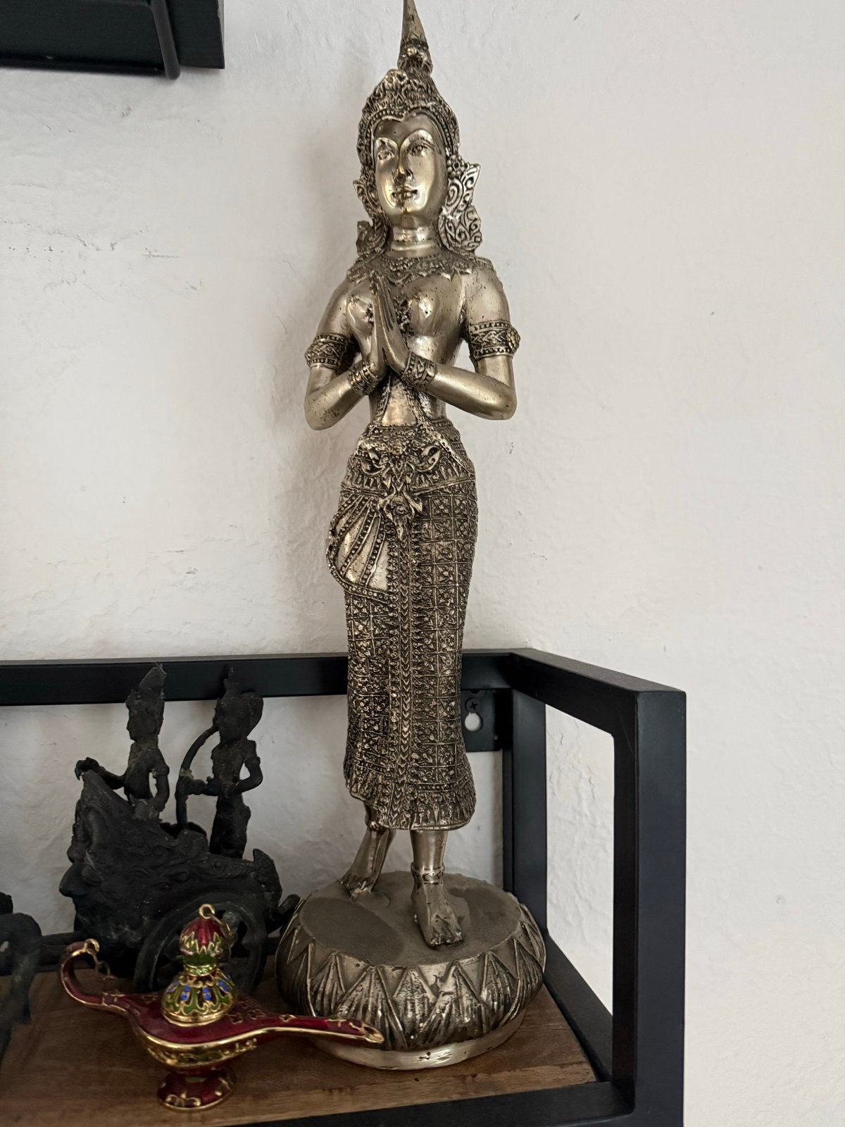 Prachtig gedecoreerde verzilverde bronzen tempelwachter, Ophalen of Verzenden