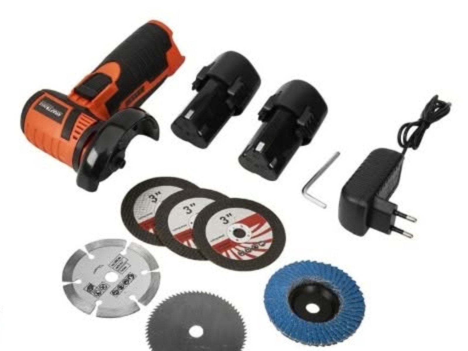 12 v. Haakse slijper met 2 accu,s diverse soorten  schijven, Ophalen of Verzenden, Nieuw, 1000 watt of meer, Haakse handslijpmachine