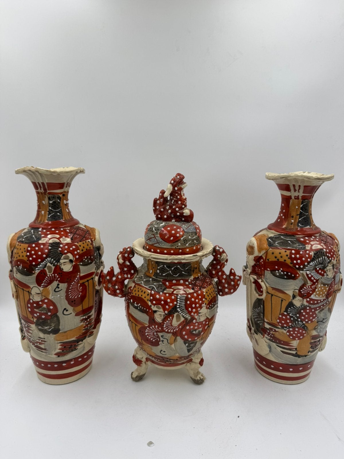 Antieke 3-Delige Kaststel Set (Satsuma Stijl) – 32 cm hoog, Antiek en Kunst, Antiek | Vazen, Ophalen of Verzenden