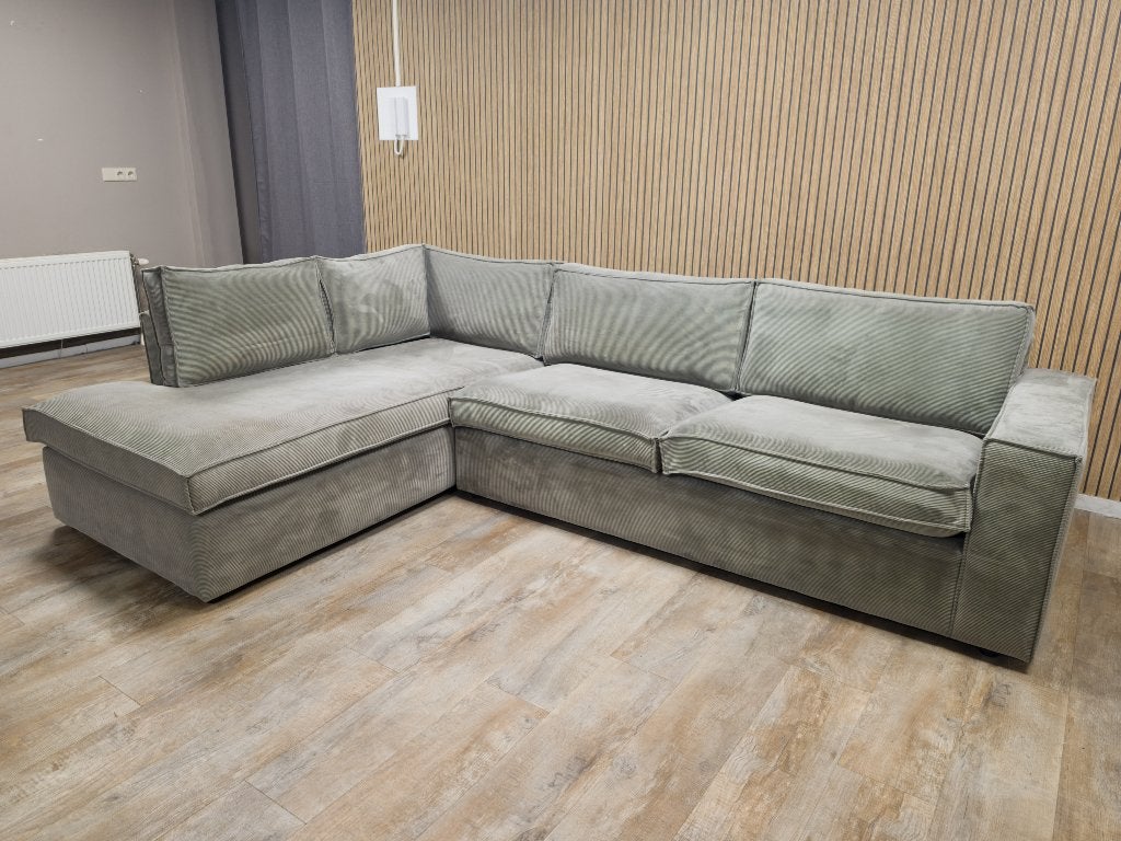 Z.G.A.N Vergrijsd Groene Ribstof Hoekbank van WOOOD, Info@banxtel.nl, Ribstof Hoekbank, Verzenden, Hoekbank
