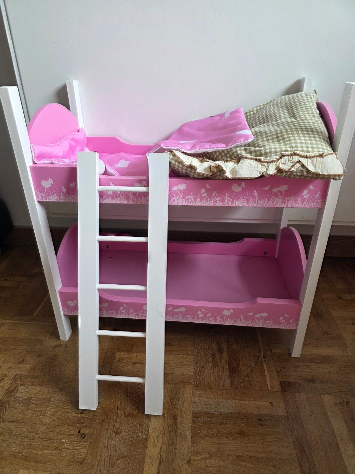 Roze poppenbed met stapelbed en ladder, Ophalen, Gebruikt