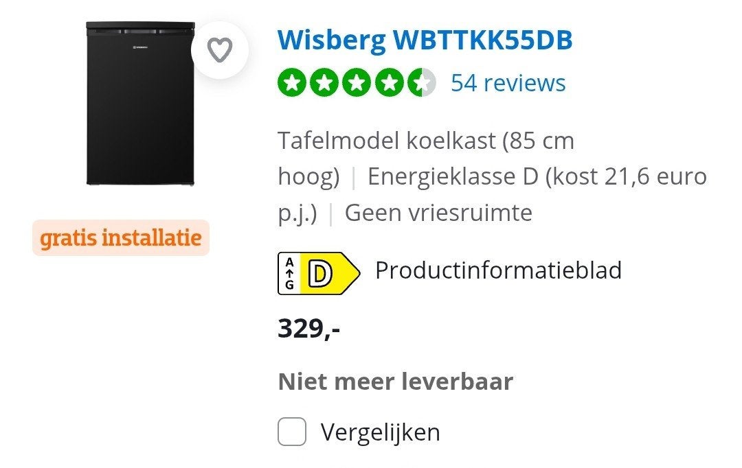 Koelkast Wisberg, Ophalen, Zonder vriesvak, Minder dan 85 cm, Minder dan 75 liter