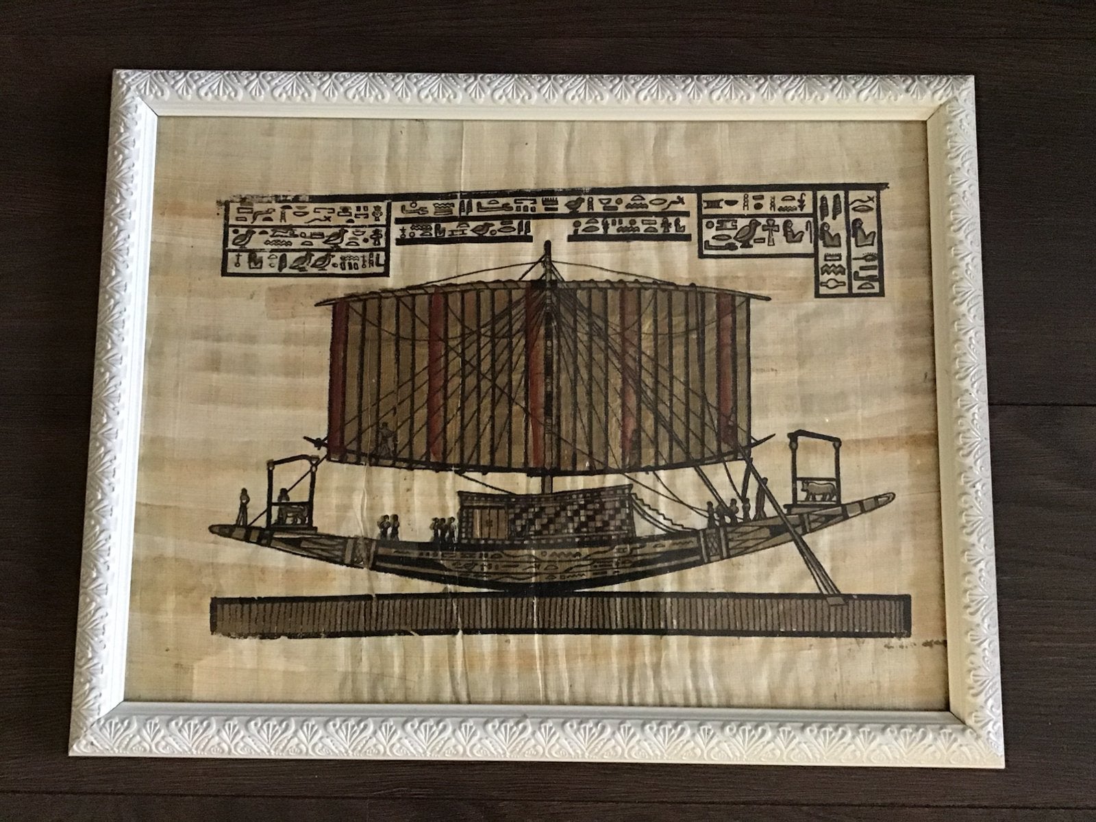 Papyrus ingelijst . Egyptisch houten schip 45x35 cm, Ophalen