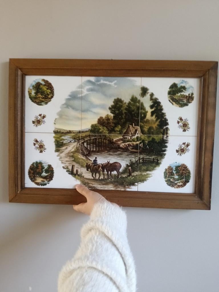 Vintage Tegeltableau met Landschap en Paarden, Antiek en Kunst, Ophalen of Verzenden