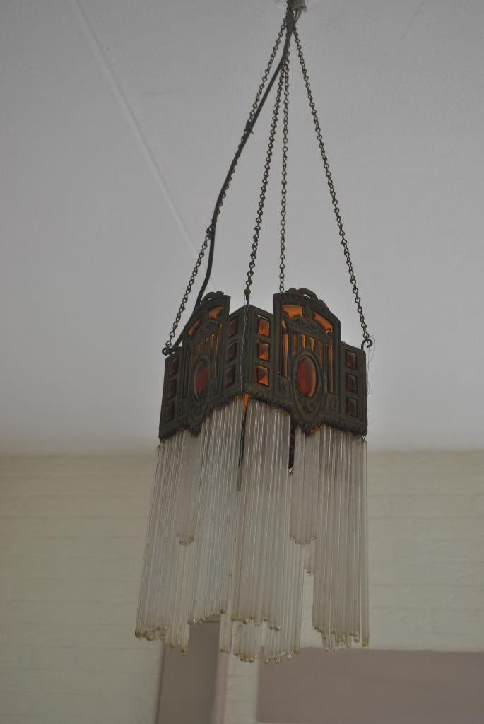 Hanglamp, art deco, koper, glas, antiek, Antiek en Kunst, Ophalen of Verzenden
