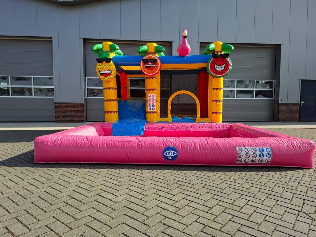 Springkussen huren met zwembad | Flamingo springkussen, Verzenden, Zo goed als nieuw, Overige