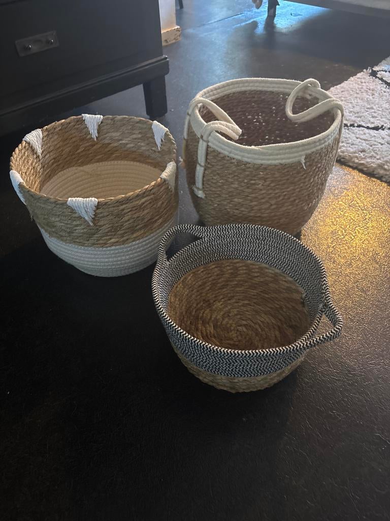 Set van 3 rieten mandjes met modern patroon, Gebruikt, Mand, Rond, Ophalen of Verzenden