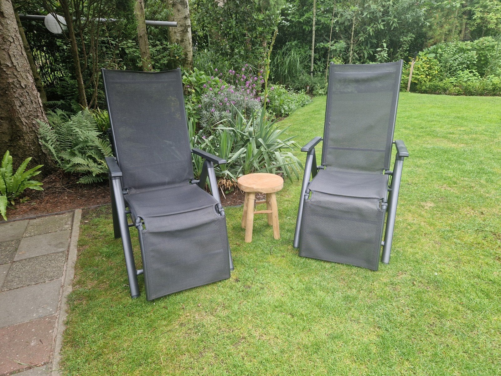 2x Verstelbare tuinstoelen met kussens, Ophalen, Gebruikt, Metaal, Verstelbaar