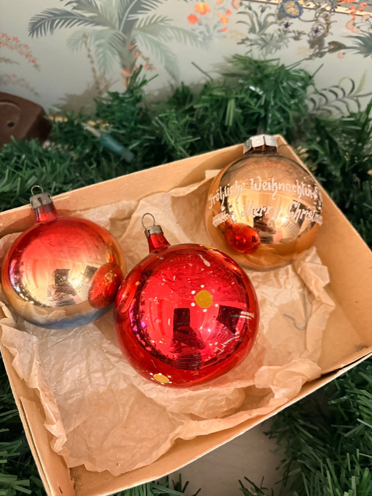3 Oude glazen kerstballen ca. 1900 & jaren 50 incl. tekstbal, Ophalen of Verzenden, Zo goed als nieuw