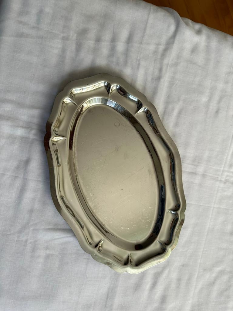 Vintage serveerschaal, hapjesschaal roestvrijstaal, 35/24 cm, Ophalen of Verzenden, Gebruikt, Overige stijlen, Schaal of Schalen