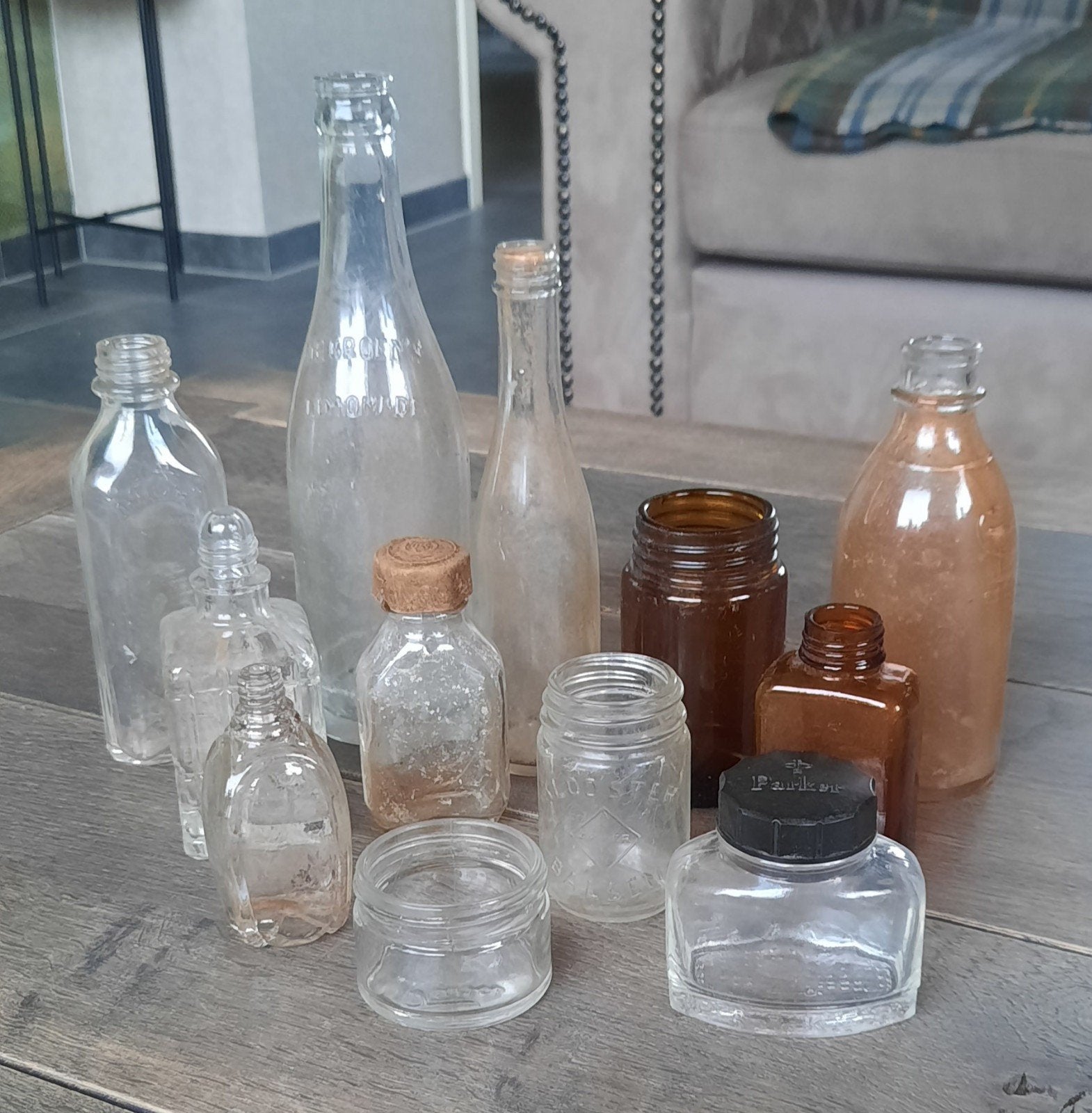 Diverse vintage glazen flessen en potten - set van 11, Ophalen of Verzenden