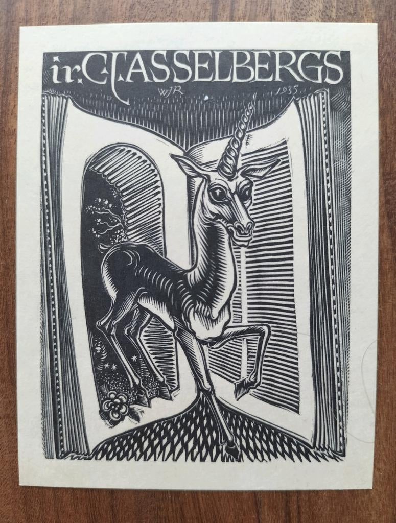 Exlibris C.J. Asselbergs (W.J. Rozendaal 1935) (Eenhoorn), Antiek en Kunst, Kunst | Etsen en Gravures, Mythologie, Ophalen of Verzenden