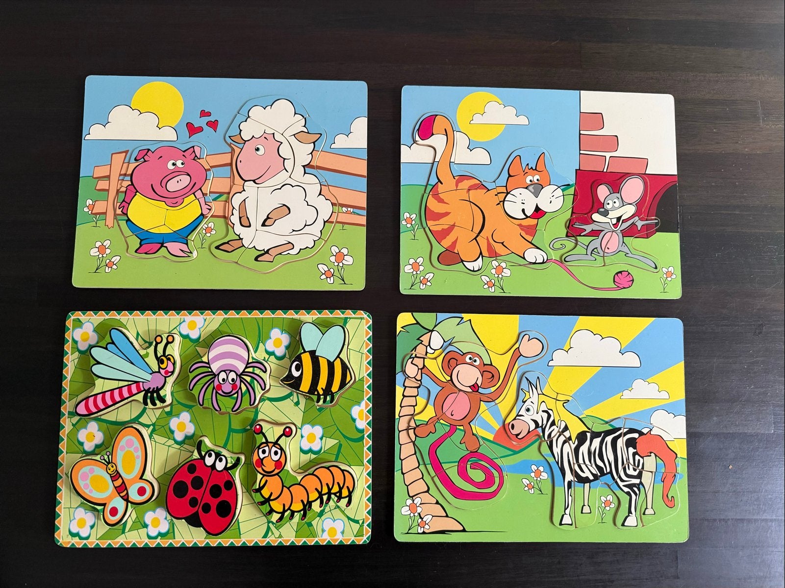 4 houten legpuzzels voor kinderen - boerderij, insecten, die, 2 tot 4 jaar, Gebruikt, Ophalen of Verzenden, Van hout