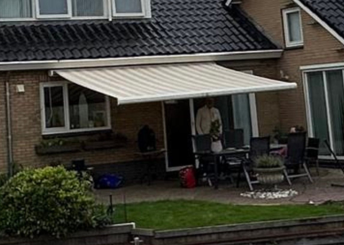Horal Knikarmscherm 4.5m breed Somfy bediening, Ophalen, Gebruikt, 450 cm of meer, Elektrisch