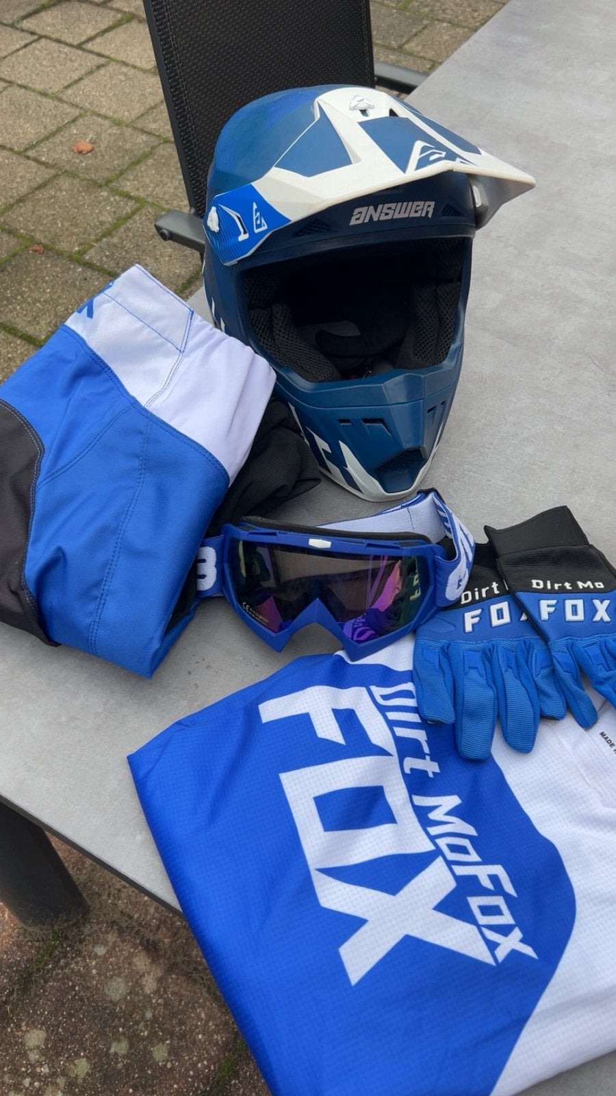 Cross pak blauw helm/handschoenen/bril/pak/, Motoren, Ophalen, Tweedehands, Heren, Motorcrosskleding
