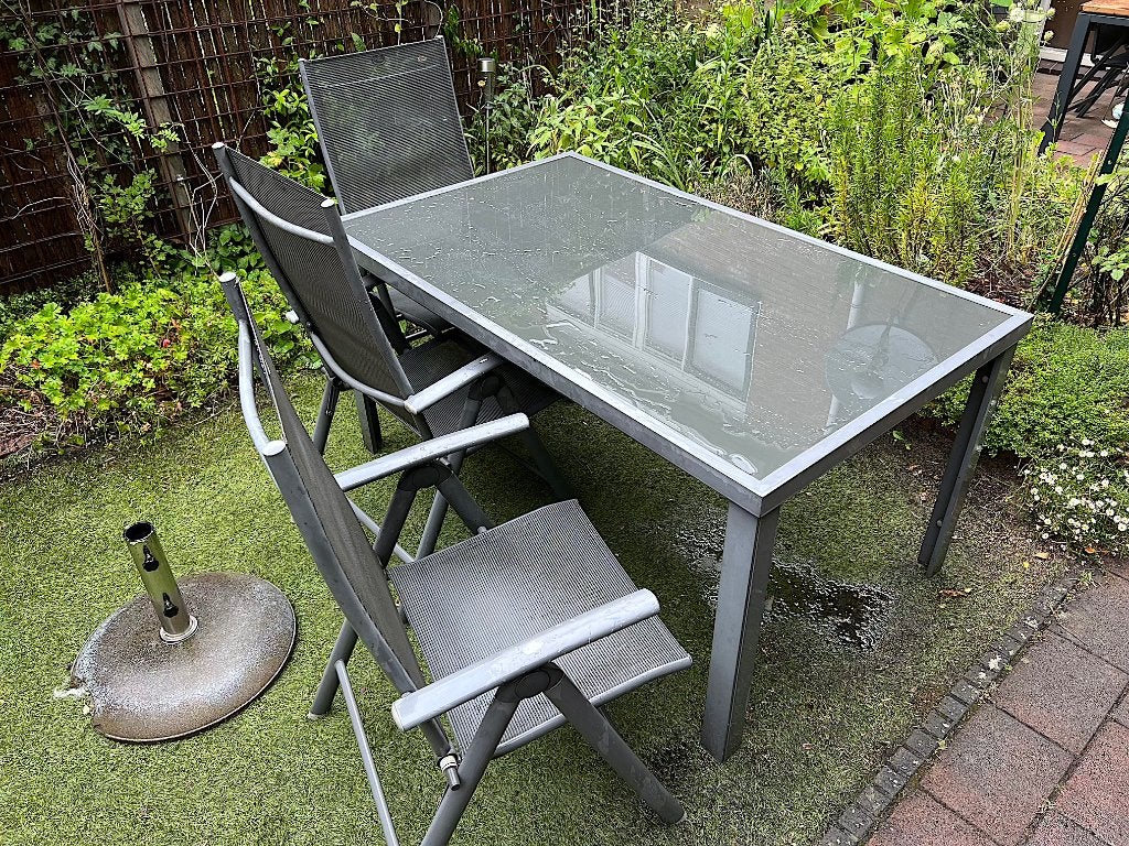Gratis Tuintafel + 3 stoelen, Tuin en Terras, Tuintafels, Ophalen, Gebruikt, Rechthoekig, Aluminium