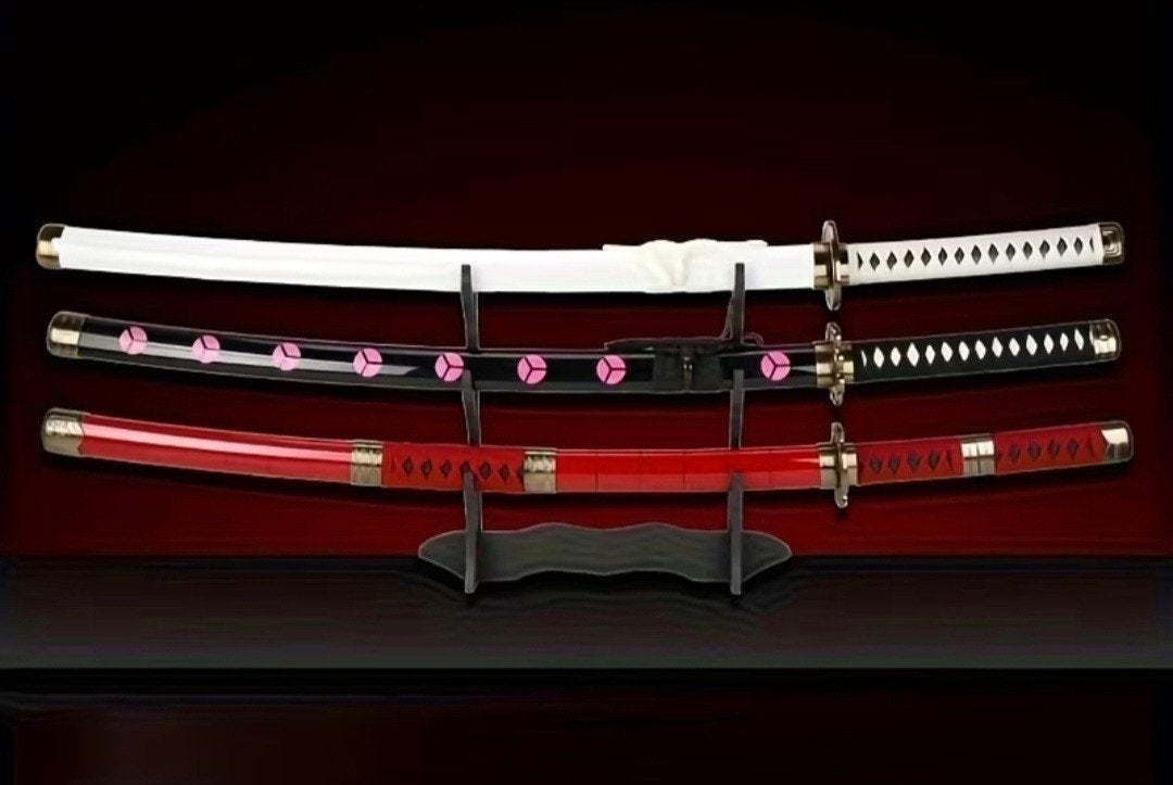 3-Delige Anime Katana Zwaardenset Bamboe met standaard, Ophalen of Verzenden, Nieuw, Meerkleurig, Decoratieobject