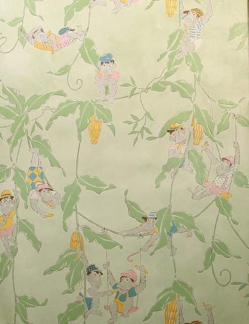 12557 Vintage apen kinderbehang in pastel tinten swiet, Ophalen of Verzenden, Roze