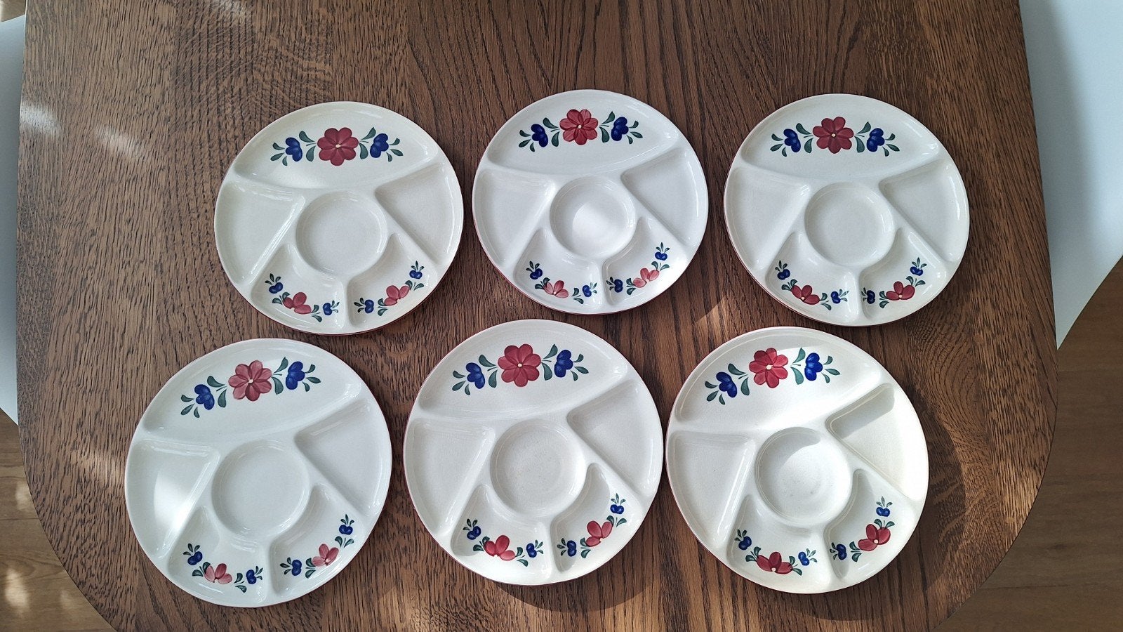 Set van 6 vintage fondueborden met bloemmotief, Gebruikt, Overige merken, Landelijk/Boerenbont, Ophalen of Verzenden
