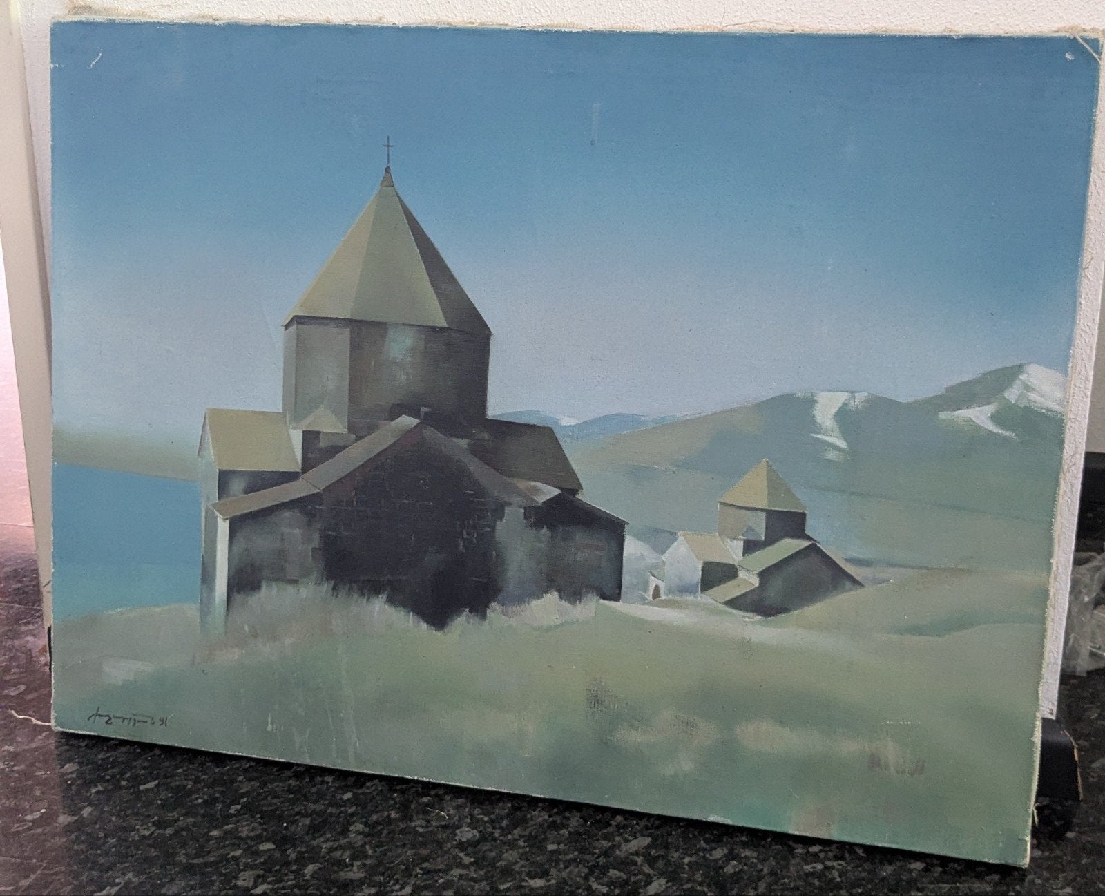 Canvas Sevanavank Armenië - Landschapsschilderij Sevan Meer, Antiek en Kunst, Doek, Realistisch, Ophalen of Verzenden, Landschap