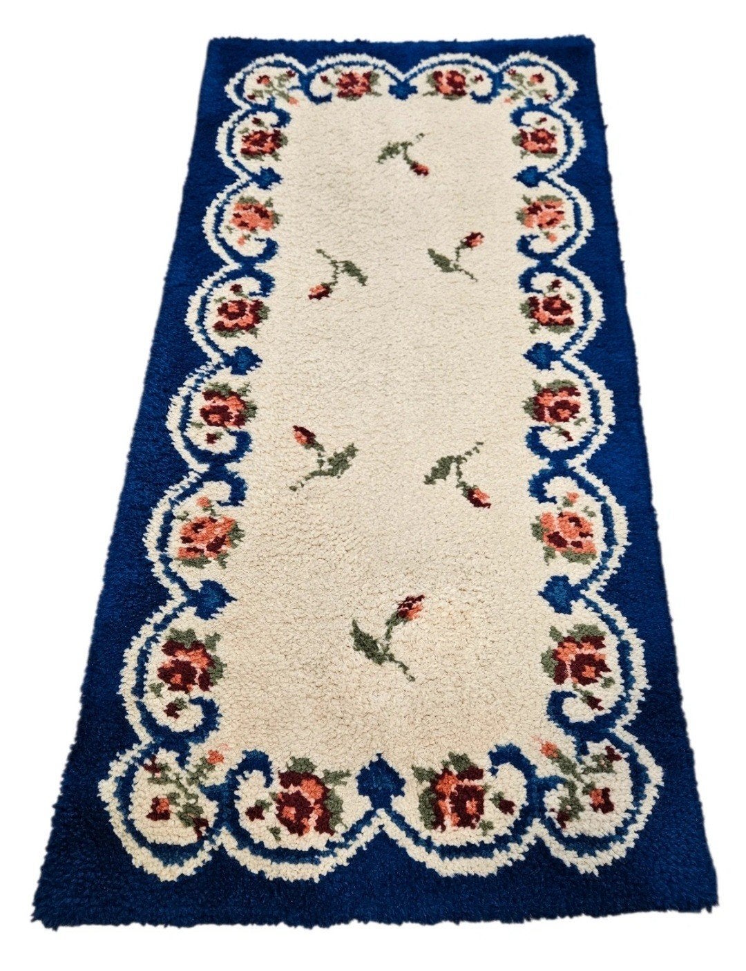 Handgemaakt vintage Retro wol Smyrna tapijt floral 75x145cm, 100 tot 150 cm, Crème, Www.hypepopup.nl, Zo goed als nieuw