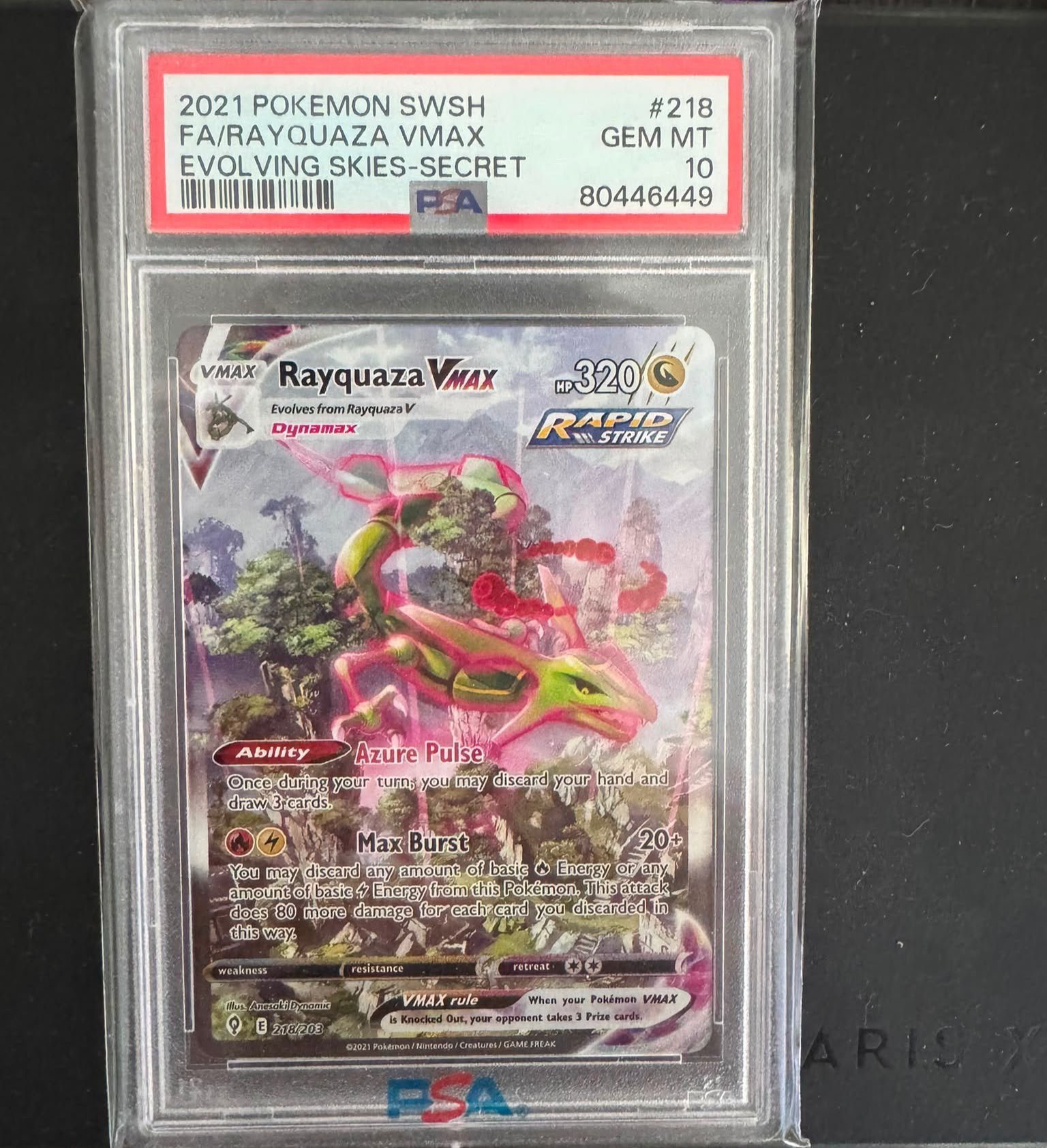 Pokémon Rayquaza vmax evolving skies #218 PSA 10, Ophalen, Nieuw, Losse kaart