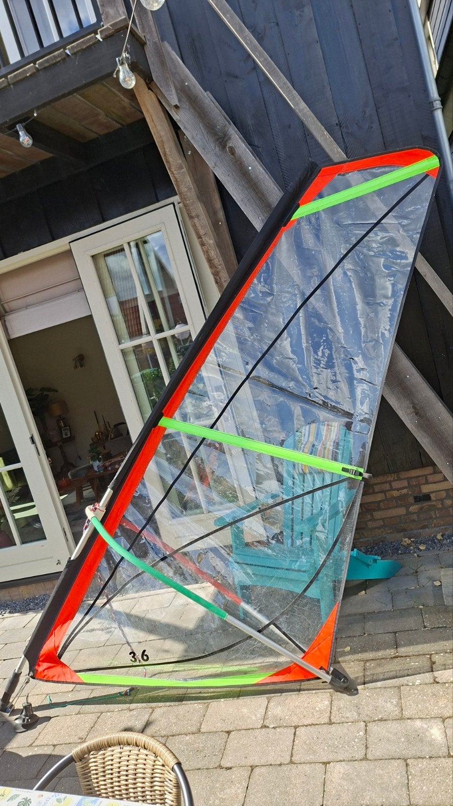 Windsurfzeil 3.6 m² met mastvoet en mastverlenger, Watersport en Boten, Windsurfen, Gebruikt, 3.5 tot 5 m², Ophalen of Verzenden