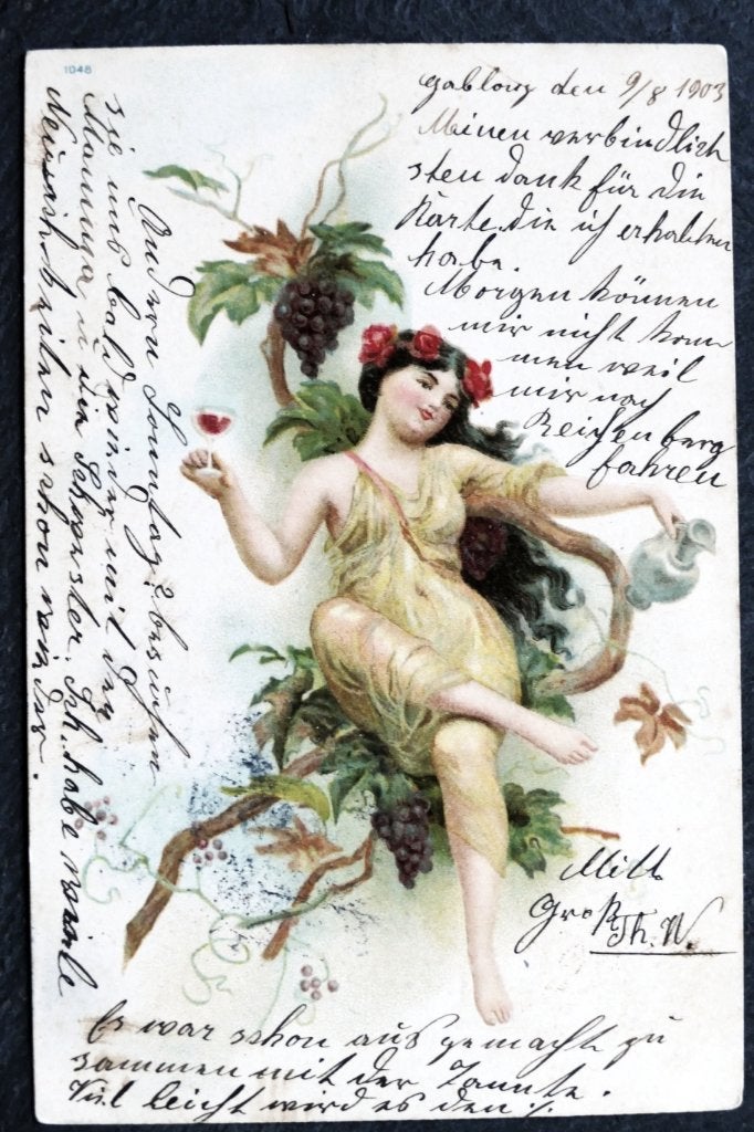 Ze drinkt een glas wijn, zittend op de blauwe druiven, 1903, Verzamelen, Verzenden, Voor 1920, Gelopen, Overige thema's