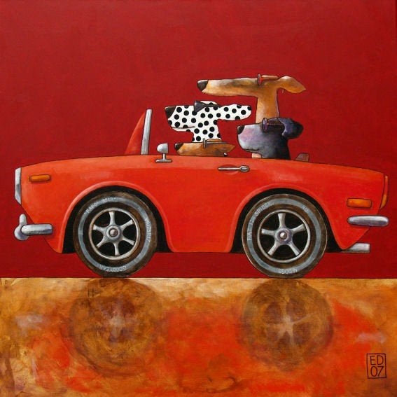 Kunstwerk - 4 ras-honden in een Fiat 124 Spider, Ophalen, Nieuw, Wanddecoratie