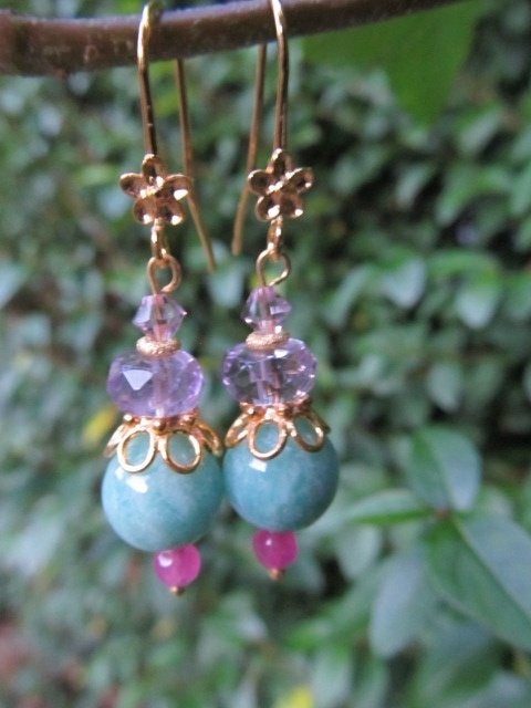 Oorbellen Lizia amazoniet-amethist-jade-swarovski goud, Sieraden, Tassen en Uiterlijk, Ophalen of Verzenden, Nieuw