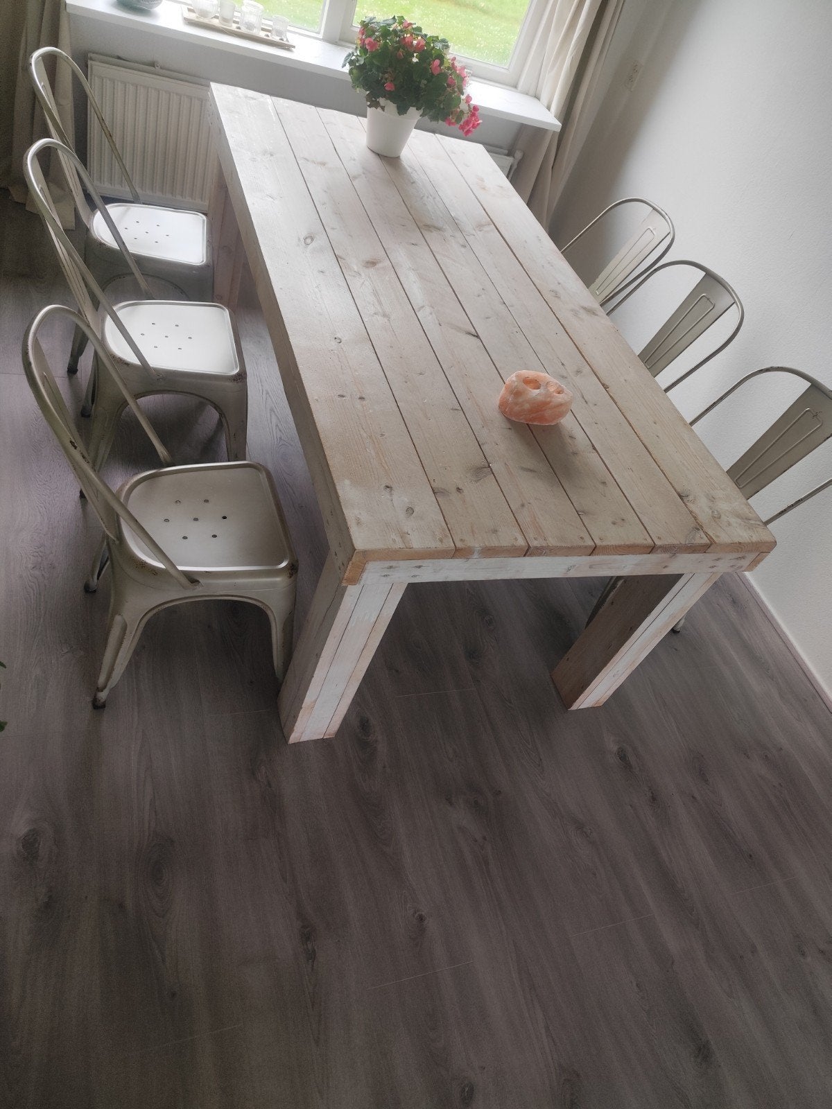 Whitewash steigerhouten eettafel/salon/dressoir incl stoelen, Ophalen