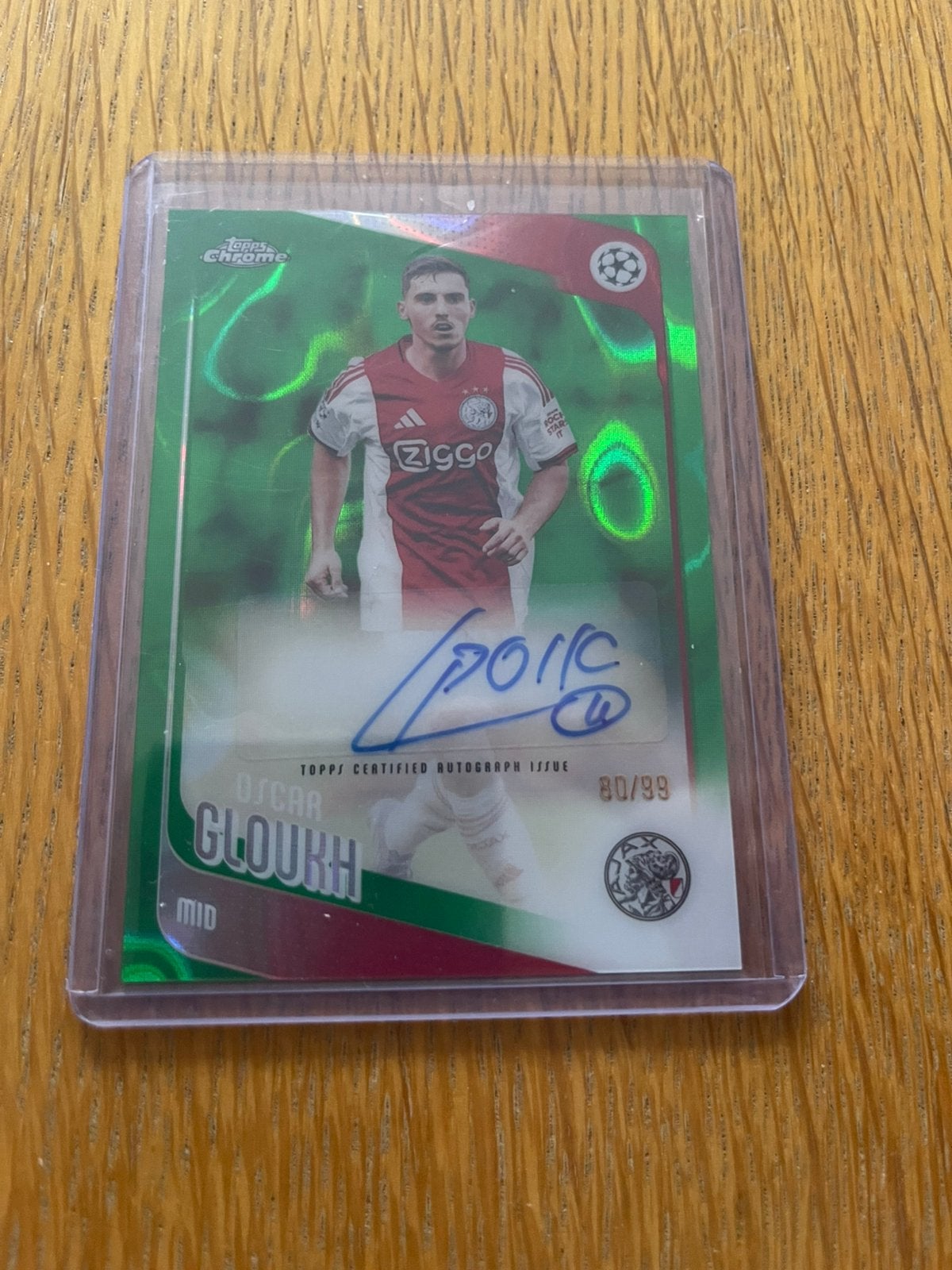 Oscar Gloukh Ajax Autograph /99 Topps Chrome Refractor, Ophalen of Verzenden, Zo goed als nieuw, Plaatje