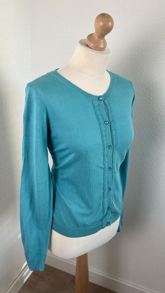 King Louie maat L turquoise cardigan vestje 948, Kleding | Dames, Blauw, Maat 42/44 (L), Ophalen of Verzenden, Zo goed als nieuw