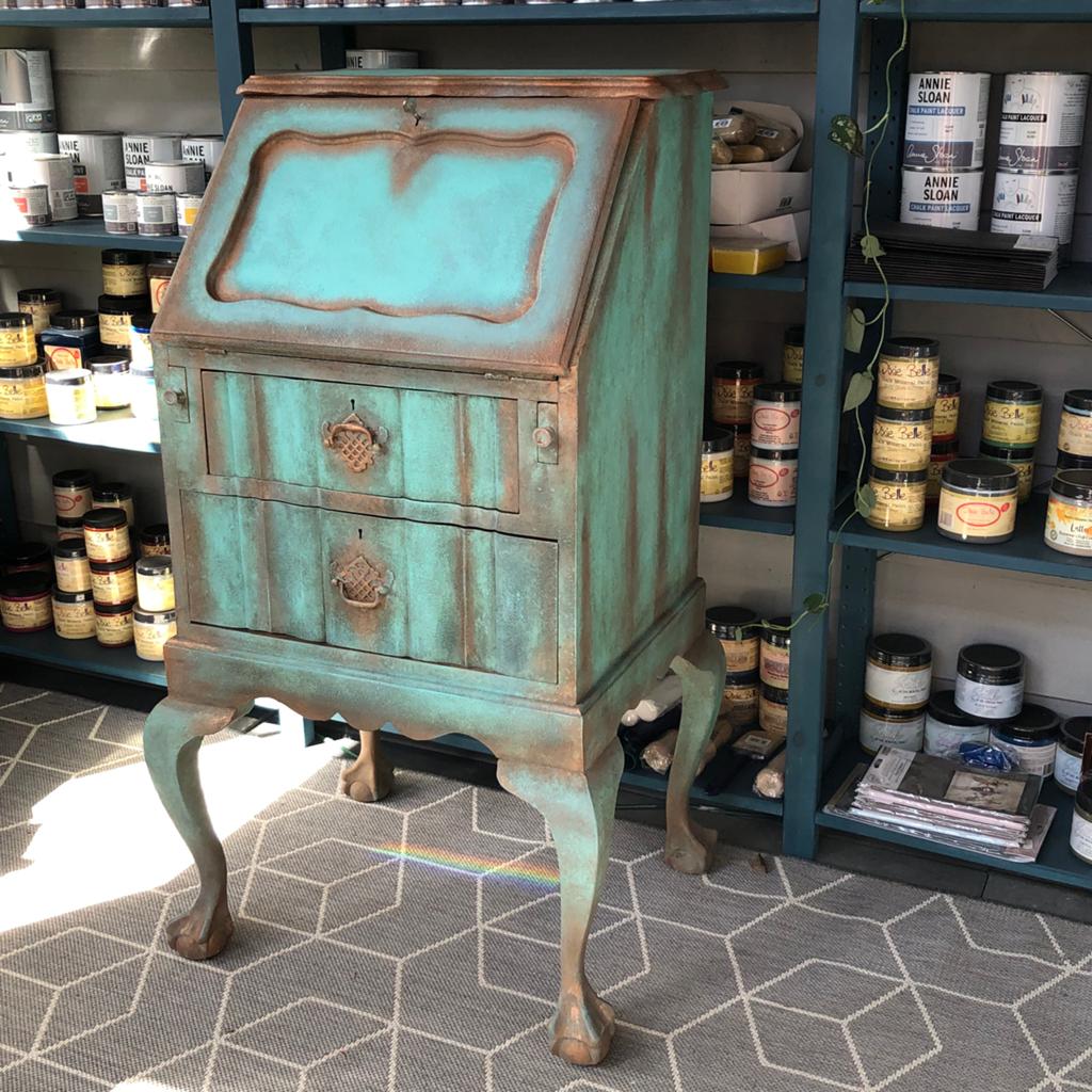 Gerestyled secretaire met een turquoise  patina en krijtverf, Antiek en Kunst, Antiek | Meubels | Kasten, Ophalen