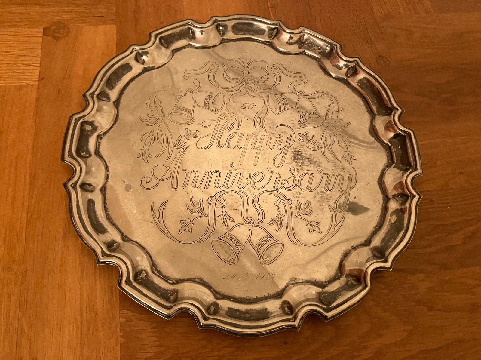 Engels verzilverd dienblad “Happy Anniversary“, Ophalen of Verzenden