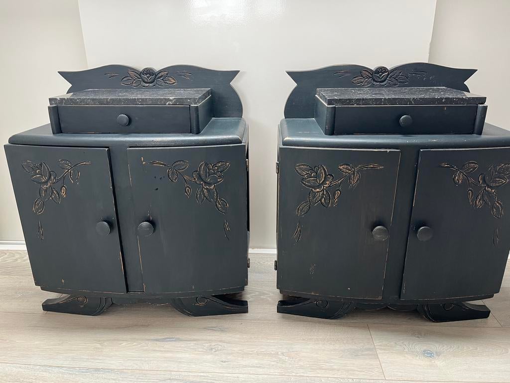 2 vintage (nacht) kastjes in grijze krijtverf., Huis en Inrichting, Ophalen, Gebruikt