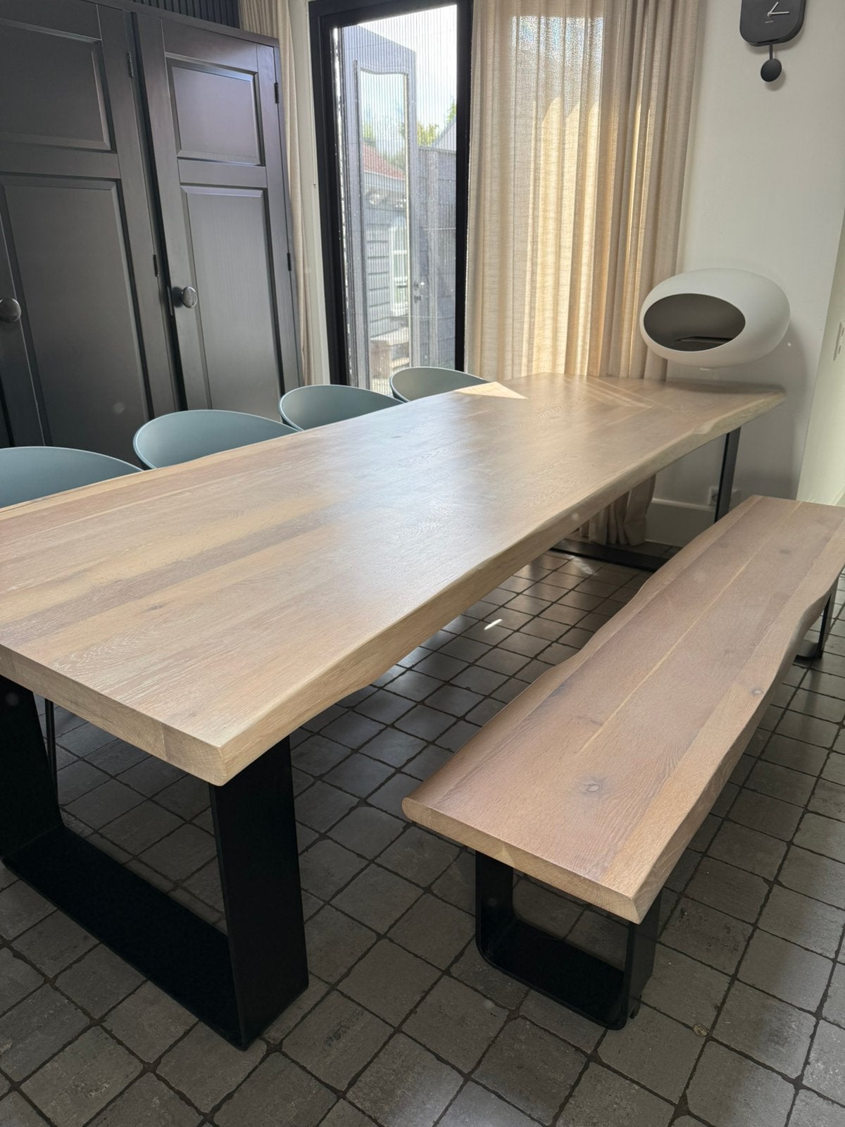 Eetkamertafel (280 cm) van Toffe Tafels incl bankje, Huis en Inrichting, Tafels | Eettafels, Ophalen, Gebruikt, 100 tot 150 cm