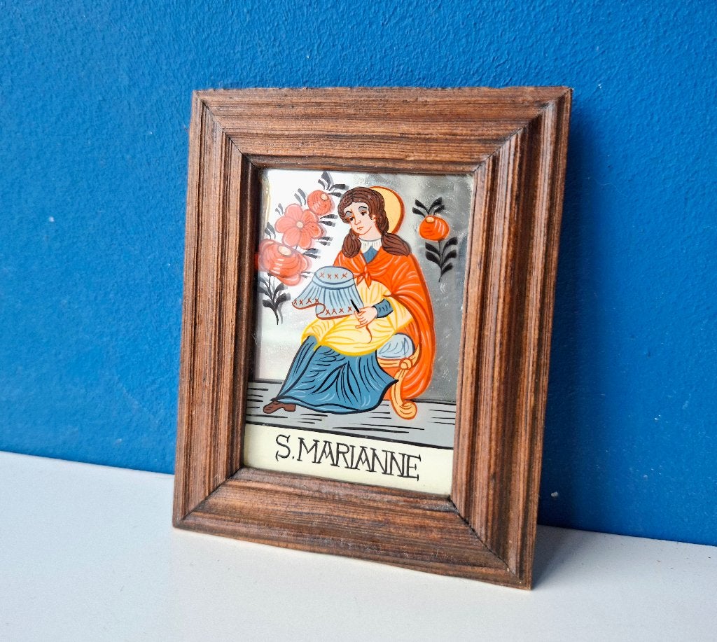Miniatuurschilderijtje Sint Marianne/achterglasschildering, Ophalen of Verzenden, Gebruikt, Overige typen