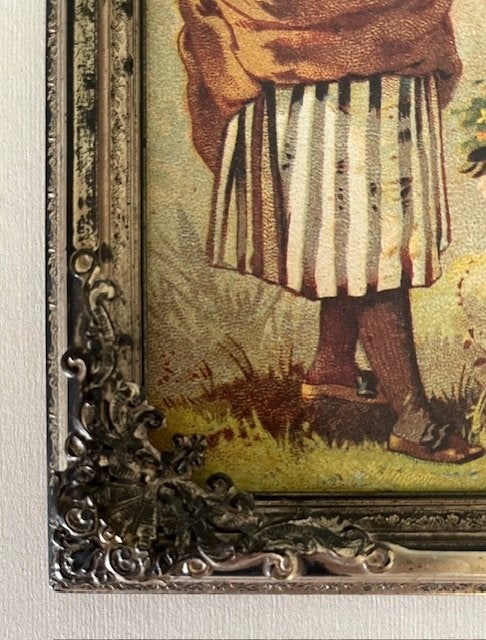 Vintage Frans metalen lijstje met nostalgische afbeelding, Minder dan 50 cm, Gebruikt, Overige typen, Ophalen of Verzenden