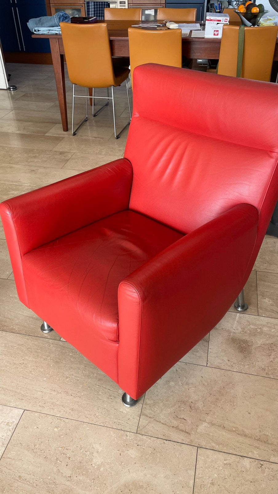 Leolux fauteuil, leer, rood, Huis en Inrichting, Fauteuils, Gebruikt, Ophalen of Verzenden, 50 tot 75 cm, Leer